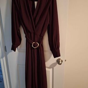 Zara Deep Burgundy plum Long Sleeve wrap Dress medium large 10 gold belt buckle